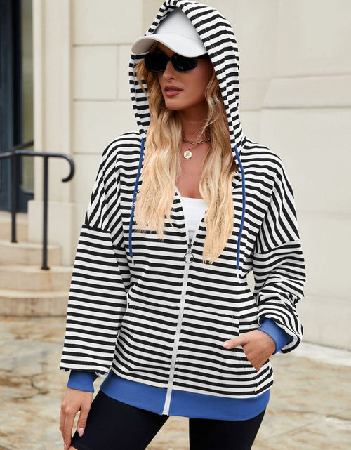 Load image into Gallery viewer, Drawstring Striped Zip Up Long Sleeve Hoodie
