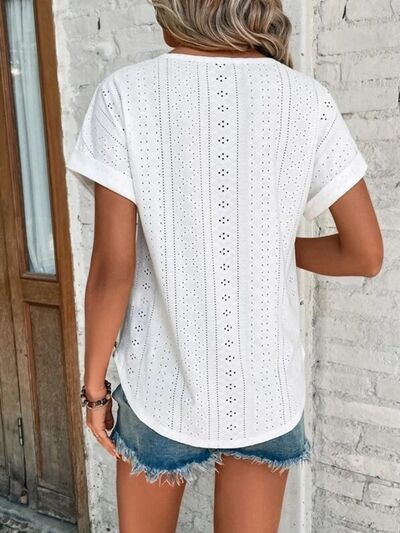 Load image into Gallery viewer, Eyelet Round Neck Short Sleeve T-Shirt
