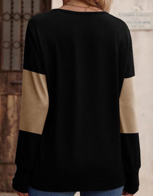 Load image into Gallery viewer, Decorative Button Contrast V-Neck Long Sleeve T-Shirt
