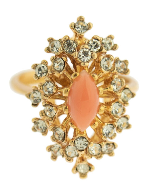 Load image into Gallery viewer, Vintage Ring Genuine Opal with Clear and Ruby Austrian Crystals 18kt Yellow Gold Electroplated by PVD Vintage Jewelry
