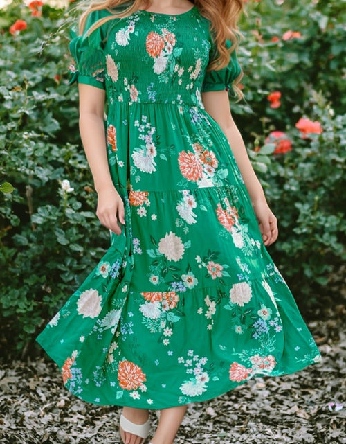 Load image into Gallery viewer, Floral Print Bubble Sleeve Smocked Tiered Midi Dress
