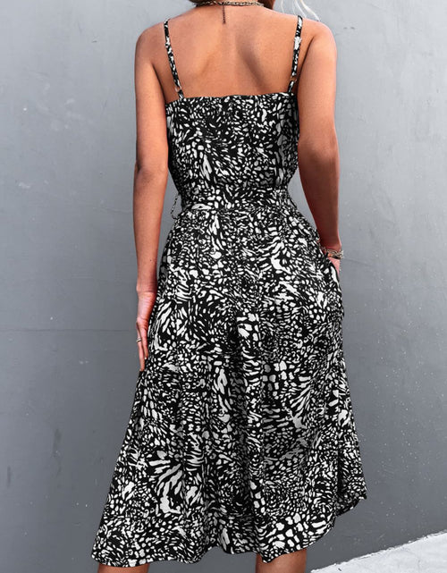 Load image into Gallery viewer, Printed Spaghetti Strap Decorative Button Belted Dress
