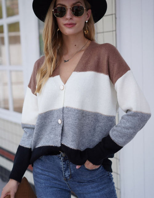 Load image into Gallery viewer, Woven Right Color Block V-Neck Button Down Cardigan
