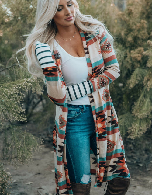 Load image into Gallery viewer, Multicolor Geometric Color Block Open Front Long Cardigan
