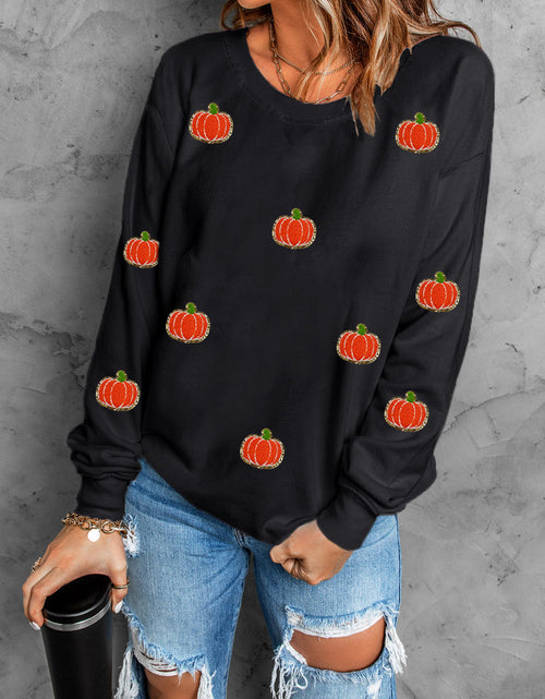Load image into Gallery viewer, Pumpkin Round Neck Long Sleeve Sweatshirt
