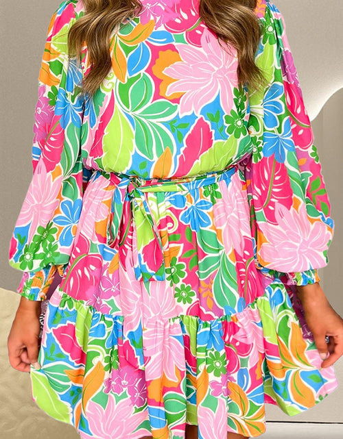 Load image into Gallery viewer, Printed Tie Waist Lantern Sleeve Mini Dress
