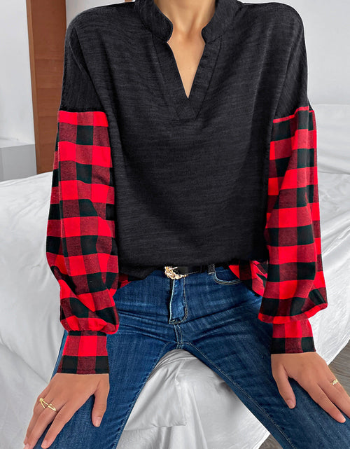 Load image into Gallery viewer, Buffalo Plaid Color Block Balloon Sleeve Top
