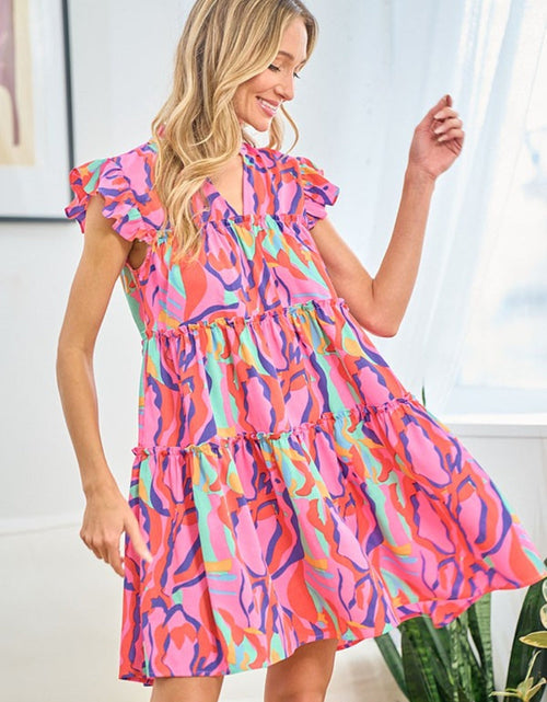 Load image into Gallery viewer, First Love Full Size Printed Ruffle Cap Sleeve Tiered Dress
