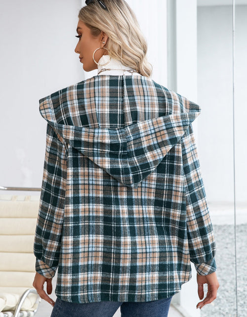 Load image into Gallery viewer, Ivy Lane Plaid Snap Down Hooded Jacket
