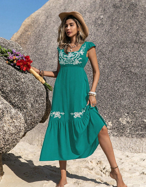 Load image into Gallery viewer, Embroidered Square Neck Cap Sleeve Dress
