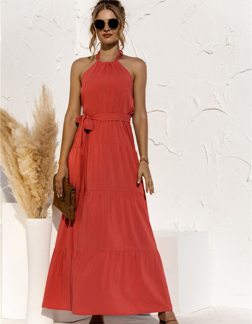 Load image into Gallery viewer, Halter Neck Tie Waist Tiered Maxi Dress
