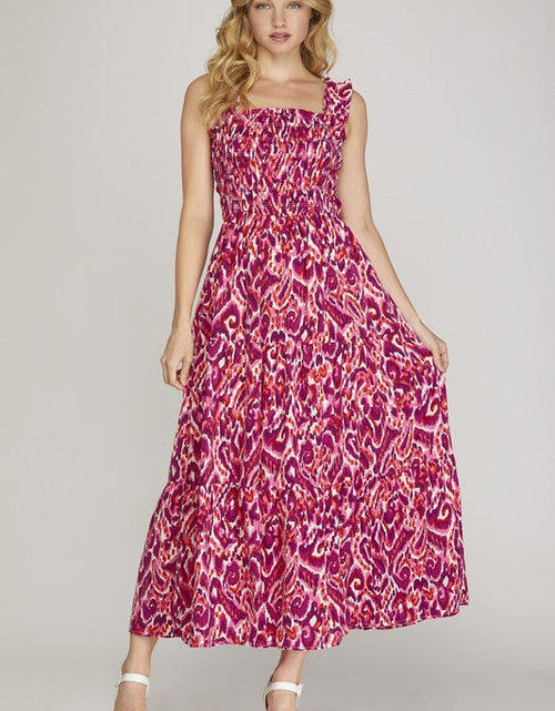 Load image into Gallery viewer, She + Sky Full Size Smocked Printed Wide Strap Tiered Dress Plus Size
