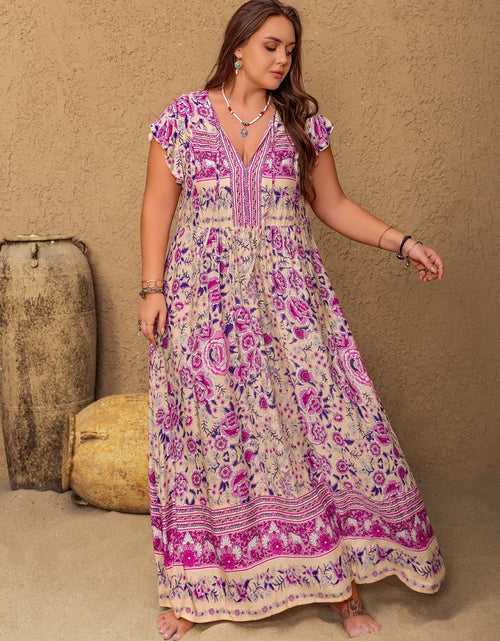 Load image into Gallery viewer, Plus Size Printed V-Neck Cap Sleeve Maxi Dress
