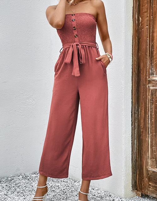 Load image into Gallery viewer, Perfee Decorative Button Strapless Smocked Jumpsuit with Pockets
