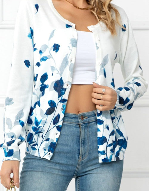 Load image into Gallery viewer, Woven Right Floral Button Front Round Neck Cardigan
