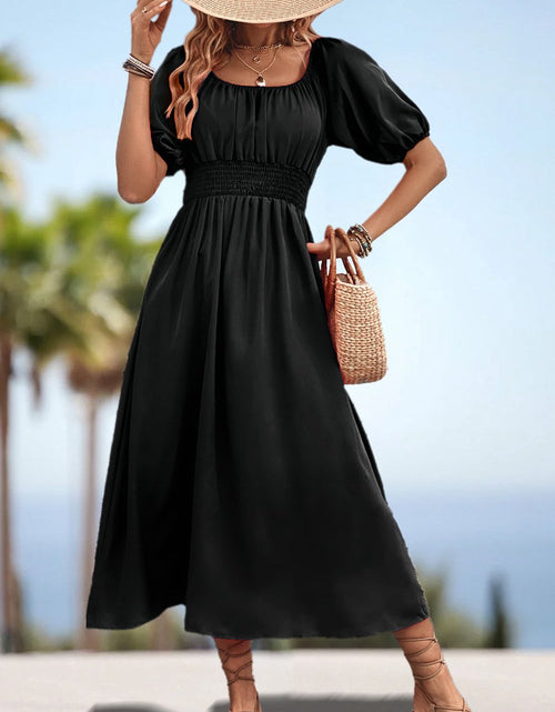 Load image into Gallery viewer, Square Neck Smocked Waist Puff Sleeve Midi Dress
