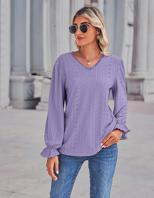 Load image into Gallery viewer, Eyelet V-Neck Flounce Sleeve Blouse
