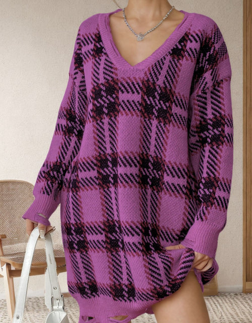 Load image into Gallery viewer, Distressed Plaid V-Neck Long Sleeve Sweater Dress
