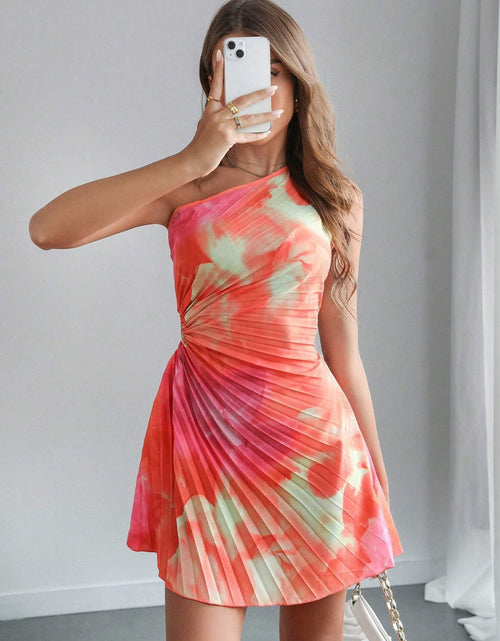 Load image into Gallery viewer, Cutout Drawstring Pleated Tie-Dye Sleeveless Mini Dress
