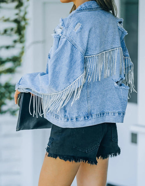 Load image into Gallery viewer, Distressed Fringe Denim Jacket

