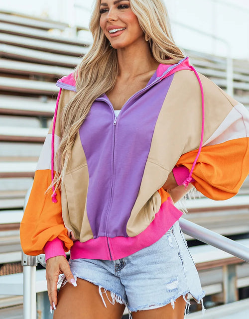Load image into Gallery viewer, Drawstring Color Block Zip Up Long Sleeve Hoodie
