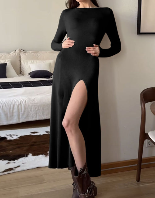 Load image into Gallery viewer, Side Slit Round Neck Long Sleeve Dress
