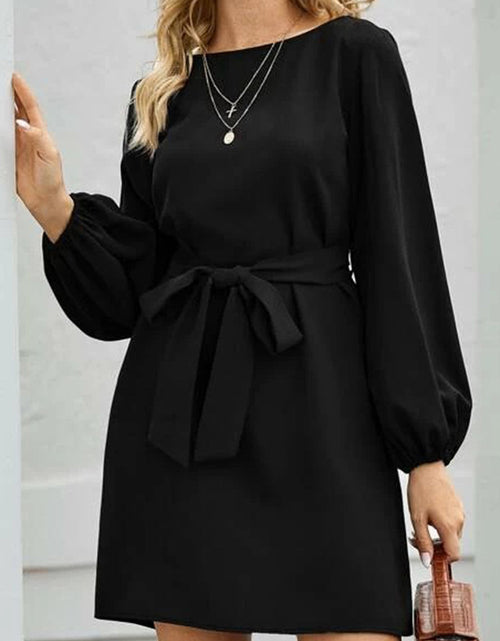 Load image into Gallery viewer, Tied Boat Neck Balloon Sleeve Mini Dress
