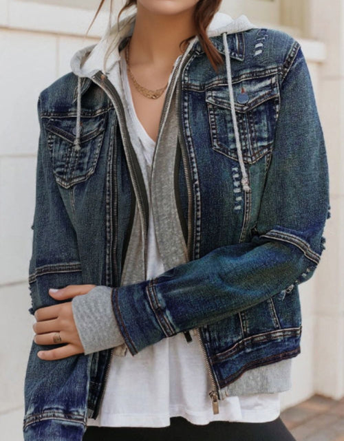 Load image into Gallery viewer, Fake Two-Piece Hooded Zip-Up Denim Jacket
