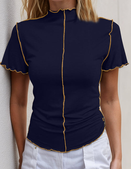 Load image into Gallery viewer, Basic Bae Contrast Trim Mock Neck Short Sleeve T-Shirt
