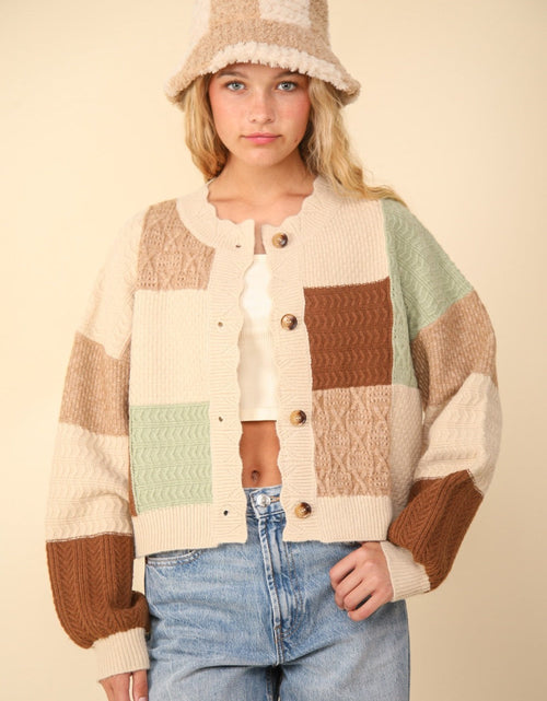 Load image into Gallery viewer, VERY J Color Block Button Down Textured Sweater Cardigan

