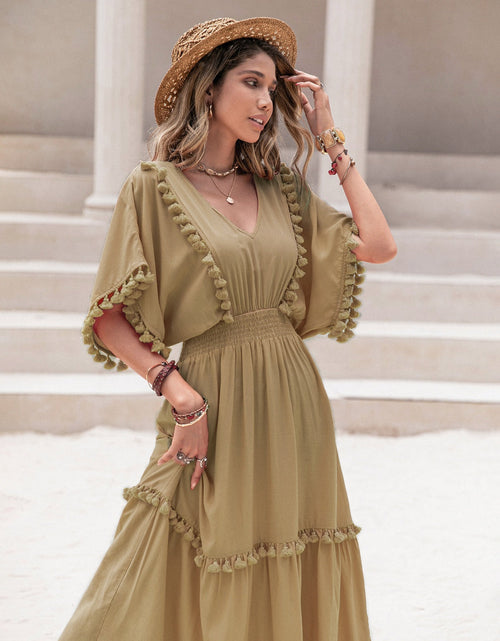 Load image into Gallery viewer, Tassel Trim Smocked V-Neck Short Sleeve Dress
