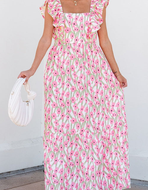 Load image into Gallery viewer, Floral Print Square Neck Ruffled Cap Sleeve Maxi Dress
