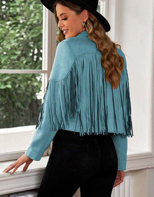 Load image into Gallery viewer, Fringe Trim Lapel Collar Cropped Blazer

