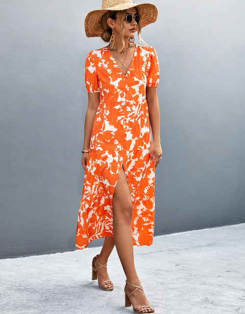 Load image into Gallery viewer, V-Neck Short Sleeve High Slit Midi Dress
