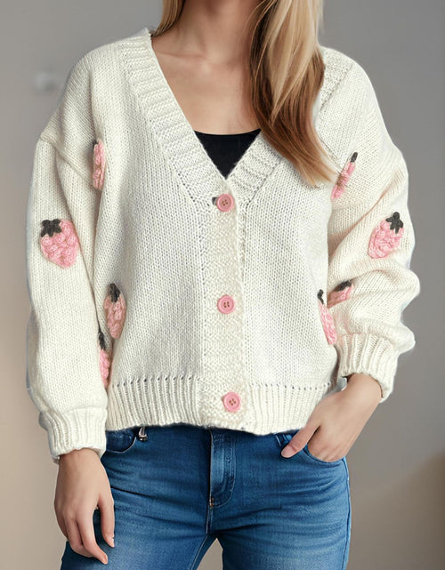 Load image into Gallery viewer, Crochet Strawberry V-Neck Long Sleeve Cardigan
