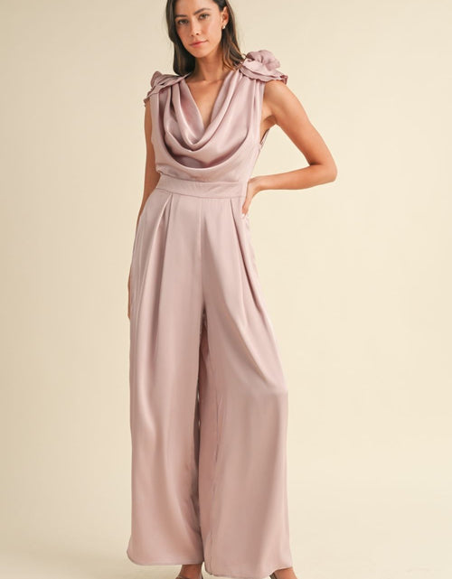 Load image into Gallery viewer, MABLE 3D Floral Applique Deep Cowl Neck Jumpsuit
