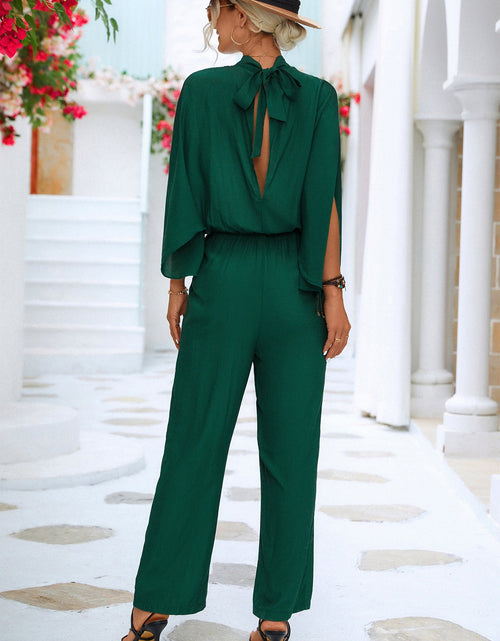Load image into Gallery viewer, Tie Back Mock Neck Split Sleeve Jumpsuit
