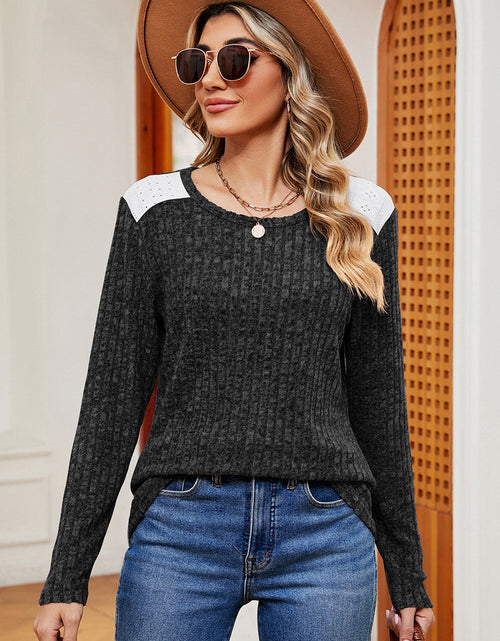 Load image into Gallery viewer, Eyelet Ribbed Round Neck Long Sleeve T-Shirt
