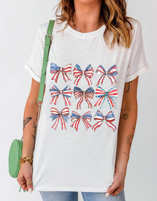 Load image into Gallery viewer, Bow Graphic Round Neck Short Sleeve T-Shirt
