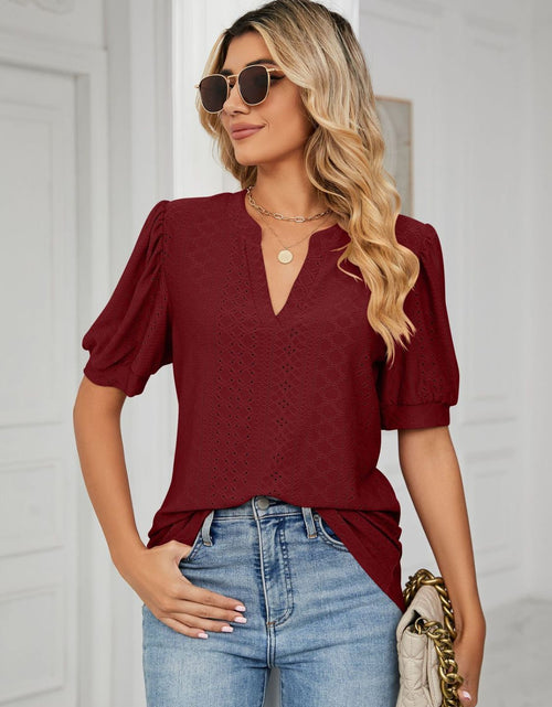 Load image into Gallery viewer, Florira Eyelet Notched Short Sleeve T-Shirt
