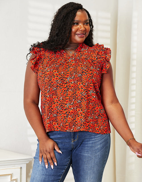 Load image into Gallery viewer, Double Take Floral Flutter Sleeve Notched Neck Blouse
