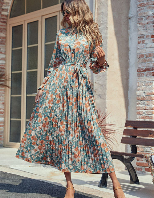 Load image into Gallery viewer, Perfee Tied Pleated Printed Mock Neck Long Sleeve Dress
