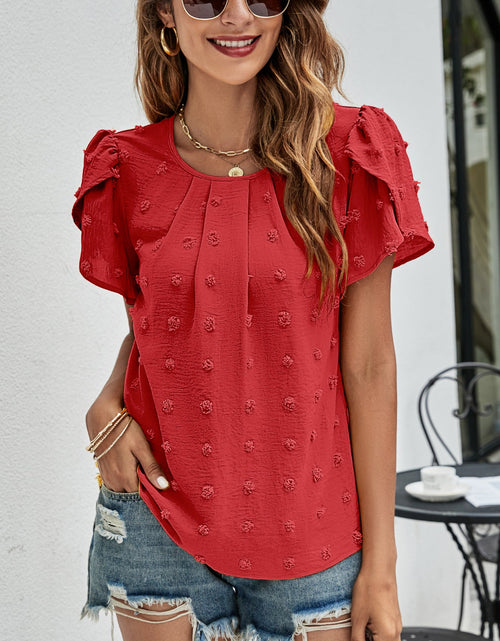 Load image into Gallery viewer, Swiss Dot Round Neck Petal Sleeve Top
