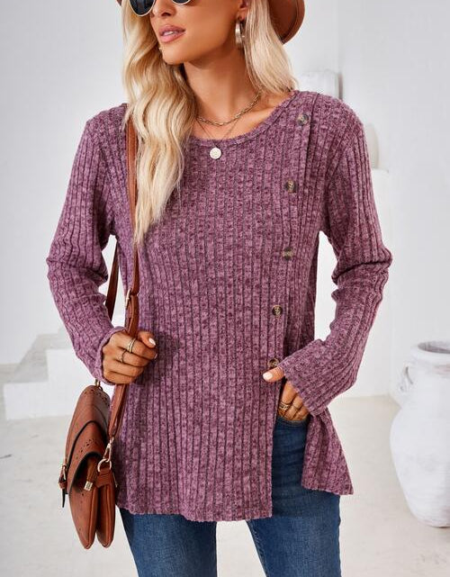 Load image into Gallery viewer, Ribbed Buttoned Round Neck Slit T-Shirt
