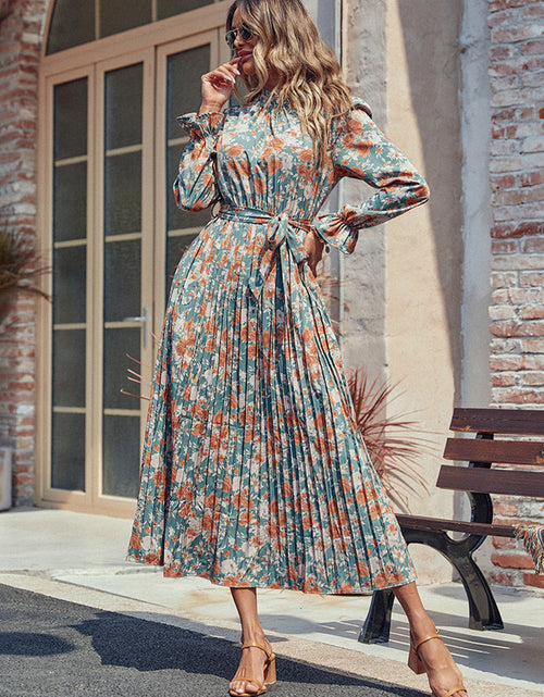 Load image into Gallery viewer, Perfee Tied Pleated Printed Mock Neck Long Sleeve Dress
