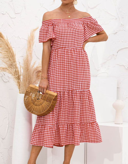 Load image into Gallery viewer, Plaid Off-Shoulder Tiered Midi Dress
