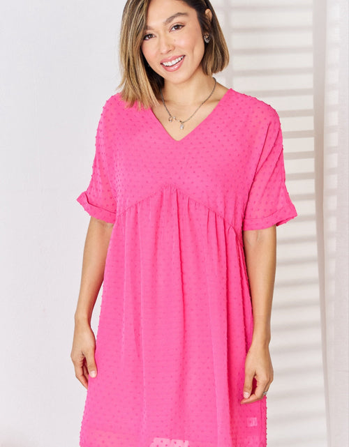 Load image into Gallery viewer, Zenana Swiss Dot Rolled Short Sleeve Babydoll Dress
