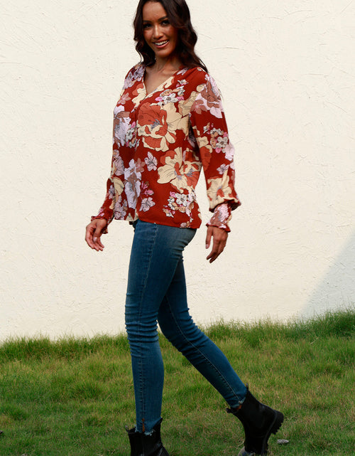 Load image into Gallery viewer, Floral V-Neck Smocked Lantern Sleeve Blouse

