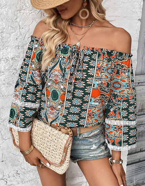 Load image into Gallery viewer, Perfee Printed Frill Trim Off-Shoulder Blouse
