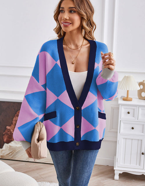 Load image into Gallery viewer, Geometric Lantern Sleeve Cardigan with Pockets
